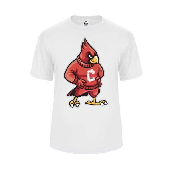 Youth White Moisture Wicking Shirt with Cardinal in Sweater